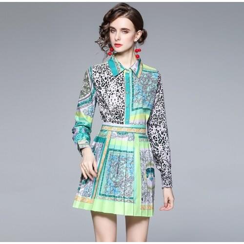 Two Piece Floral Dress Sets Summer Women Skirt Suits Female Autumn Shirts + Short Pleated Skirt Sets Conjuntos De Vestido