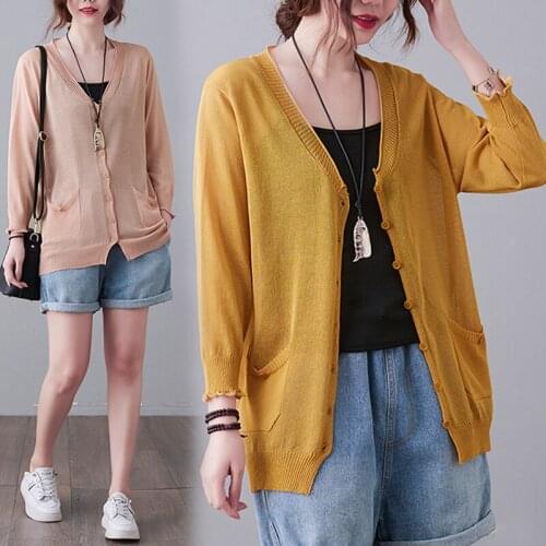 2021 Summer New Knitted Cardigan Nine-Point Sleeves V-Neck Sunscreen Air-Conditioning Shirt Double Pocket Loose Thin Top Women
