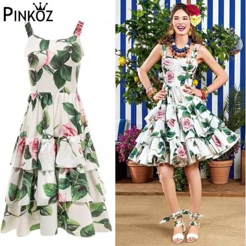 Pinkoz Fashion Rose Flower Kleid Summer Womens Dress Spaghetti strap Backless Floral Print Cascading Layered Ruffle Dresses