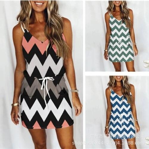 2021 Summer Womens Knee-length Dress Ladies Casual Wave Swirl Loose Printed Sling Sling Sexy Beach