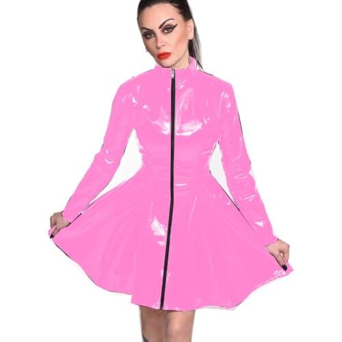 Women Long Sleeve Dress A-line Vinyl Maxi Dress for Woman Faux Leather Fashion Female Dresses Plus Size Dress with Front Zipper