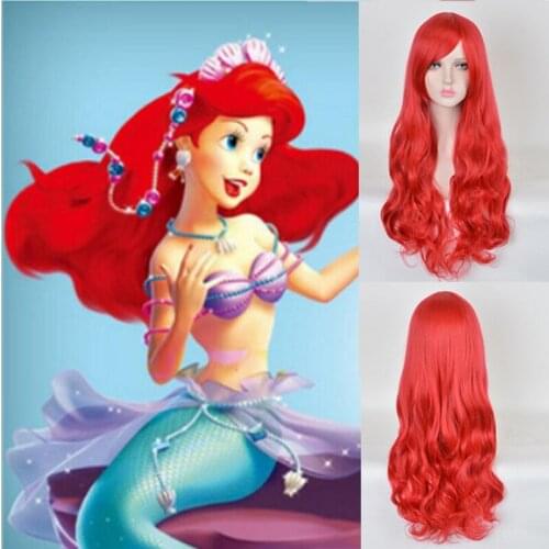 70cm Anime The Little Mermaid Princess Ariel Cosplay Wig Halloween Play Wig Party Stage Synthetic Red Wavy Hair