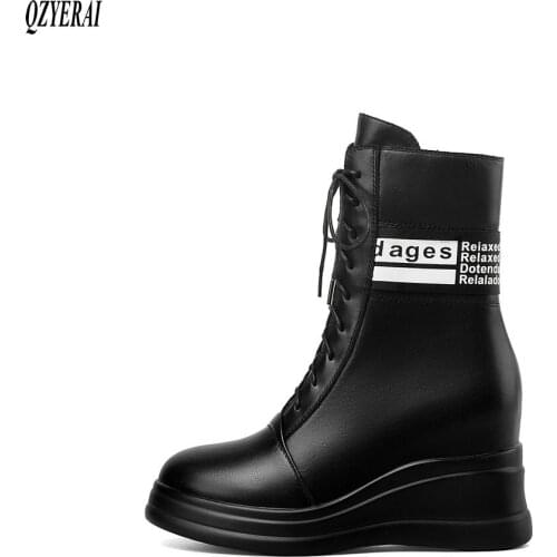 2020 New winter Japan South Korea Genuine leather ankle Women boots 8cm wedges Fashion boots black Women shoes Waterproof Taiwan