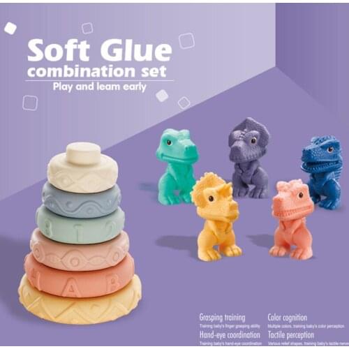 Baby Stacking Cup Toys Cartoon Early Learning Cognition Soft Rainbow Circle Building Blocks PVC Soft Dinosaur Childrens Toys