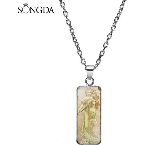 Classic Alphonse Mucha Painting Art Print Glass Cabochon Necklaces Rectangular Pendants Handmade Jewelry Necklace For Women Gift