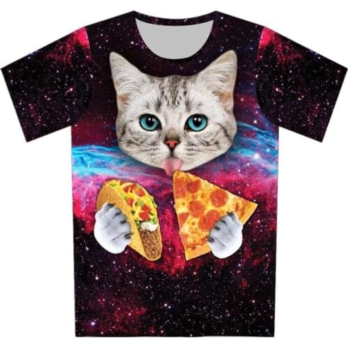 Joyonly Boys Girls Colorful Galaxy Space T-shirts Lovely Animal Cat Eat Pizza Design T shirts 2019 Summer Children Cool Clothes