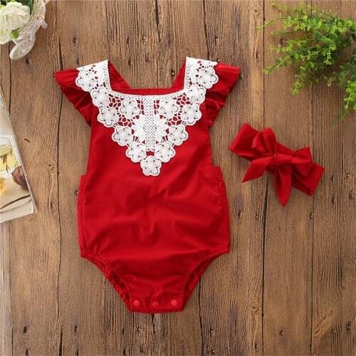 Infant Baby Girl Lace Romper Dress Pattern Flying Sleeve Newborn Triangular Climbing Romper Jumpsuit Headband suit