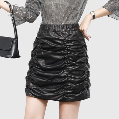 Novmoop pleated lolita style romantic genuine leather women skirt spring purple pink cream white black Jupe en cuir LT3391