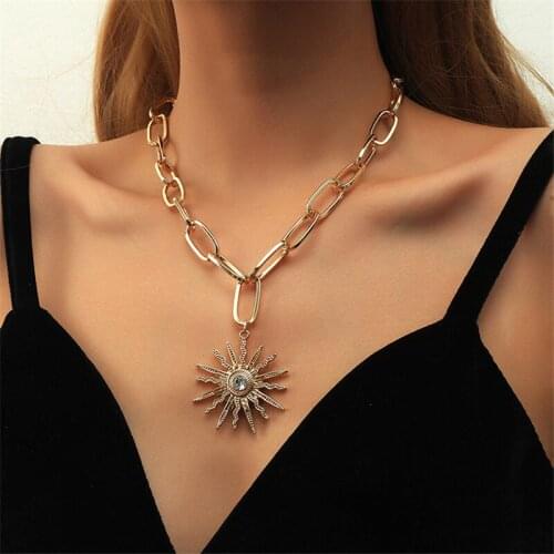 Punk Necklace Statement Hip Hop Rhinestone Sun Flower Pendant Necklaces Women Choker Sweater Gold Chain Party Gift Jewelry New
