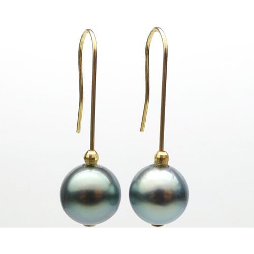 Free Shipping 14K Yellow Gold Round Green Cultured Tahitian Sea Pearl Hook Drop Earrings 9.3mm