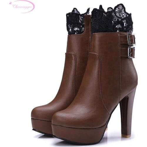 Chainingyee party style comfortable autumn ankle boots fashion belt buckle zipper lace platform high heel womens riding boots