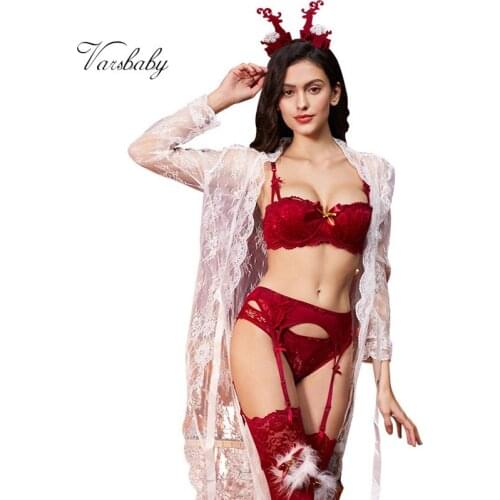 Varsbaby sexy 1/2 cup christmas 7 pcs bras+panties+garters+stockings+antler headband+nightgown bra and panty set