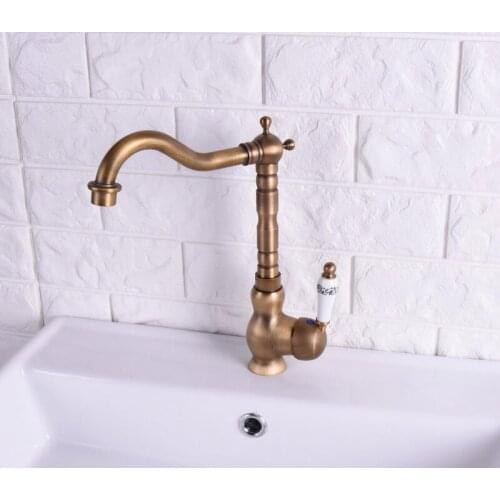 Vintage Antique Brass Single Ceramic Lever Handle Swivel Spout Bathroom Basin Kitchen Sink Faucet Cold & Hot Mixer Tap asf117