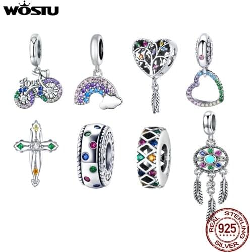 WOSTU 925 Sterling Silver Heart Rainbow Tree Dreamcatcher Charms Colorful Bead Pendant Fit Original Bracelet Necklace Jewelry