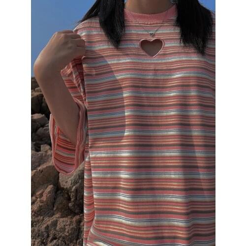 Hollow out love short sleeve T-shirt for women 2021 summer loose Korean retro stripe top fashion tees