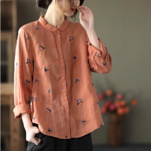 2021Spring Shirts Women Vintage Embroidery Floral Loose Single Breasted Female Linen Fashion Tees