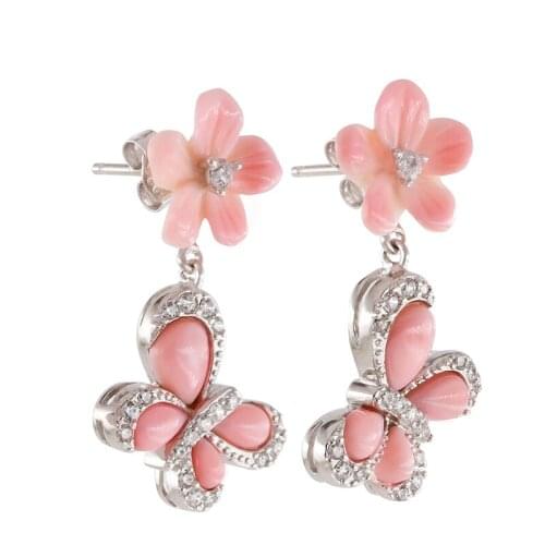 Natural shell real 925 silver stud earrings for women,flower butterfly shape , fashion with semi-precious stone