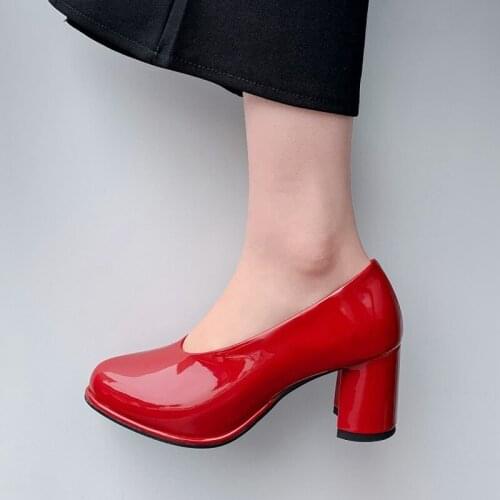 US4-11 Womens Round Toe Patent Leather Block High Heel Pumps Slip On Shoes OL Shoes Low Top 3Colors Plus Size