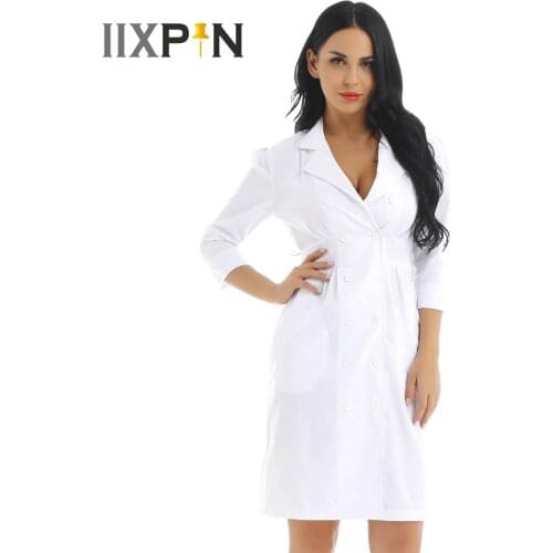 Women Adult Cosplay Costume Lapel Collar 3/4 Sleeve Scrubs Lab Medical Nurse Doctor Uniform Dress Pharmacy Lab Coat Work Wear
