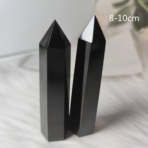 2PCS Natural Obsidian Black Obelisk Tower Quartz Stone Point Hexagonal Wand