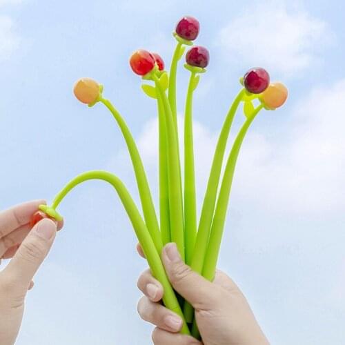 24PCS Cherry Korean Soft Creative Gel Pen Flower Cute Super Student Black Pen Stationery Office Accessories Cute School Supplies