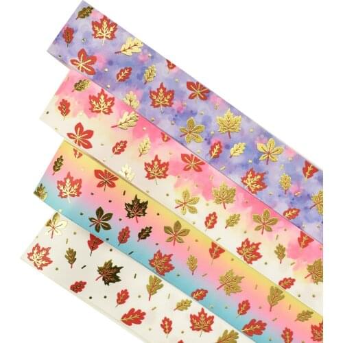 38mm Gold Foil and Ink Maple Leaf Grosgrain Ribbon 50yards Welcome Custom Printed
