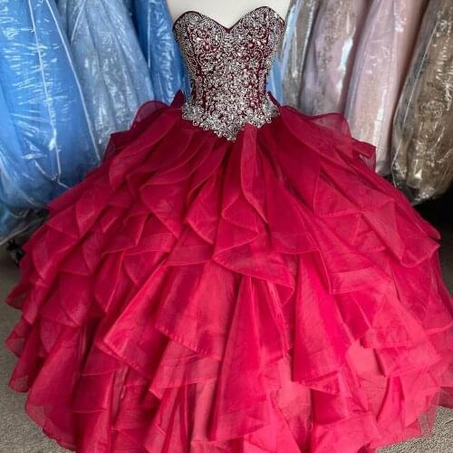 Ruffles Burgundy vestidos de 15 años 2020 Ballgown Puffy Beading Quinceanera Dress Quince Sweet 15 Dress Long Prom Gown Lace Up