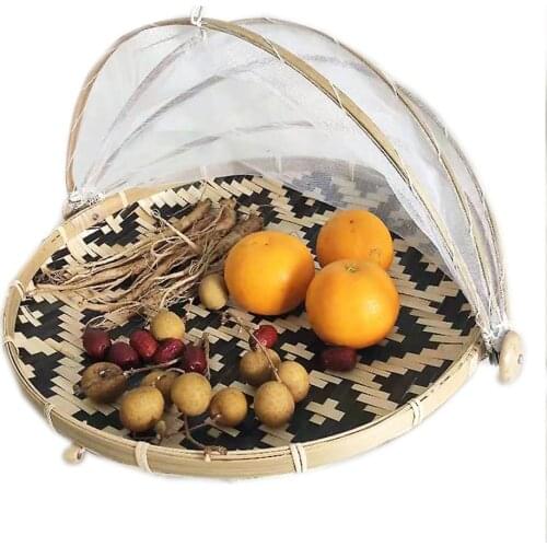 Bamboo Anti-mosquito Storage Baskets Foldable Hand-Woven Food Serving Tent Dustpan Fruit Dustproof Cover Picnic Mesh Net Tent