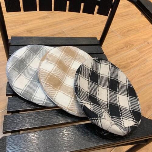 Classical PU Edged Plaid French Style Beret New Soft Cotton Women Beret Autumn Winter Hat Print Beanie Hat Adjustable Flat Hat