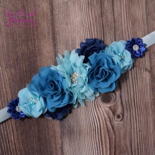 Boutique Chiffon Floral Maternity Belt Rhinestone Polygonal Flowers Blue Waistband Bridesmaid Dress Accessories Party Decoration