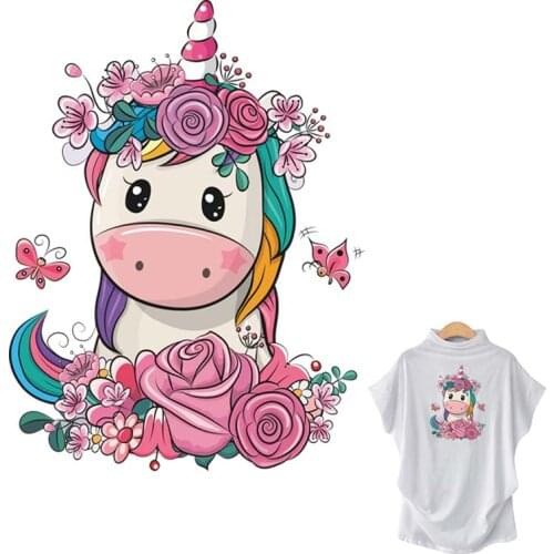 Flower Unicorn Patch Heat Transfer Washable Diy T-Shirt Stripe Eco-Friendly Clothing Stickers Animal Stickers Patch