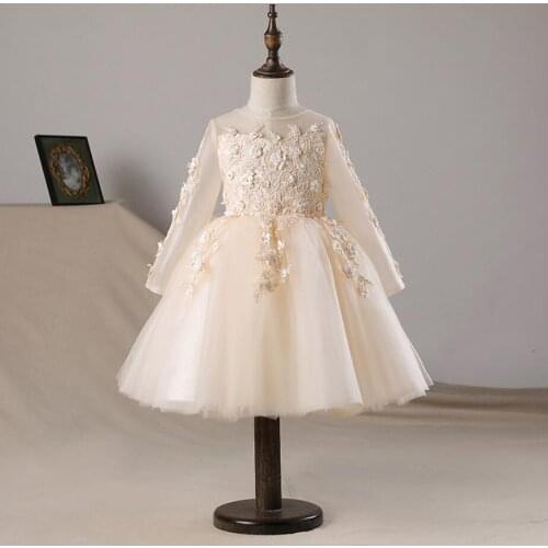 Champagne Tulle Kids Dress for Girls Wedding Floral Lace Long Sleeve Girl Dress Elegant Princess Party Pageant Formal Gown