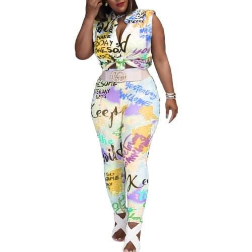 Women Set Graffiti Letter Print Sleeveless Turn-down Top Sheath Elastic Long Skinny Pants 2 Two Piece Set Fashion Outfits