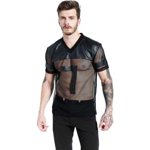 Idopy Men`s Faux Leather T-Shirts Mesh See Through Sexy Transparent Punk Gothic V Neck Short Sleeve Tees Shirts For Male