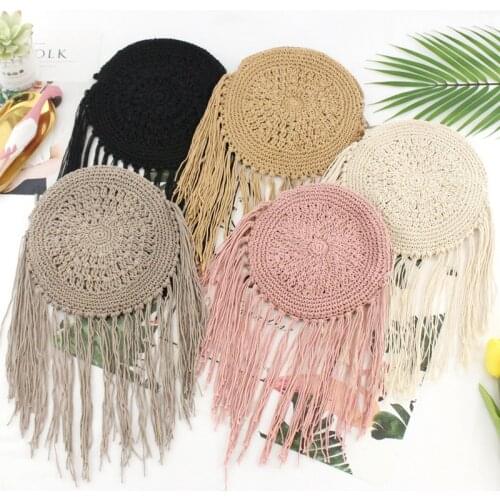 Round Long Tassel Handbag Women Fashion Cotton Hand-knitted Rattan Straw Shoulder Crossbody Bag Summer Beach Small Zipper Purse