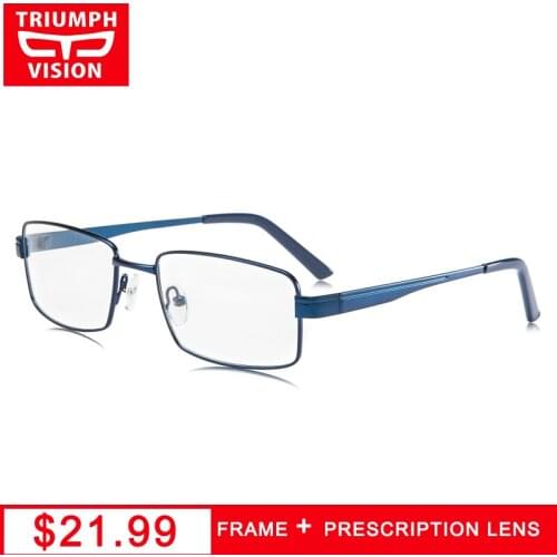 TRIUMPH VISION Square Reading Glasses Computer Prescription Myopia Eyeglasses for Men High Quality Blue Metal Eyewear Spectacles