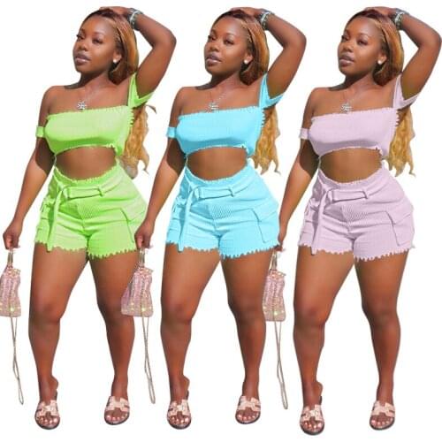 Echoine Summer Crop top and Shorts Two Piece Set Sexy Off Shoulder Matching Set Party Club Outfits Skinny Bodycon Shorts Set