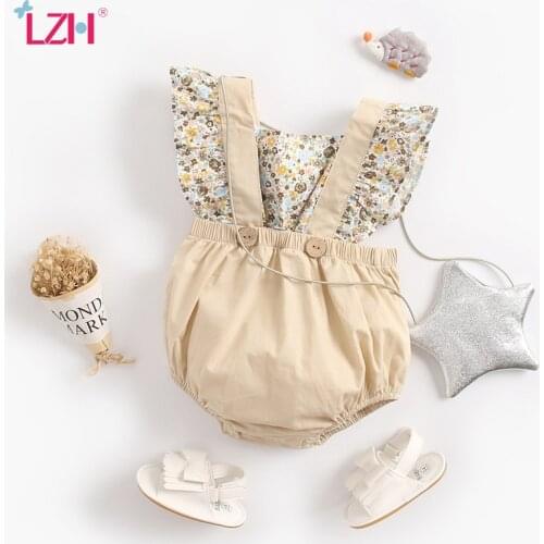 LZH 2021 Summer Fashion Small Floral Stitching Clothes For Girl Short Sleeve Newborn Baby Girl Jumpsuit Cute Childrens Romper