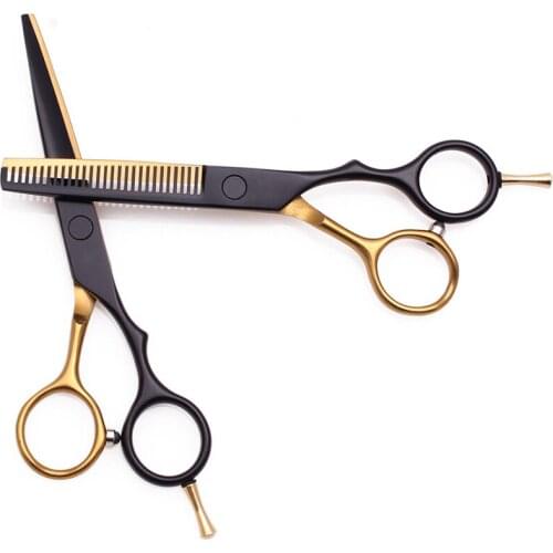 Stainless Steel Hair Cutting Scissors Thinning Shears 5.5 Inch Professional Barber Haircut Scissors Family Use, Black Gold