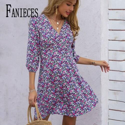 FANIECES Sweet Floral Print Dress Women 2021 Autumn Three Quarter Sleeve A Line Mini Dresses Hoiday Purple Boho Beach Wear