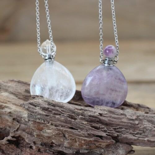 Drops Natural Fluorite Essential Oil Vial Pendants Necklace Healing Crystal Quartz Perfume Bottle Charms Chains Jewelry QC1053