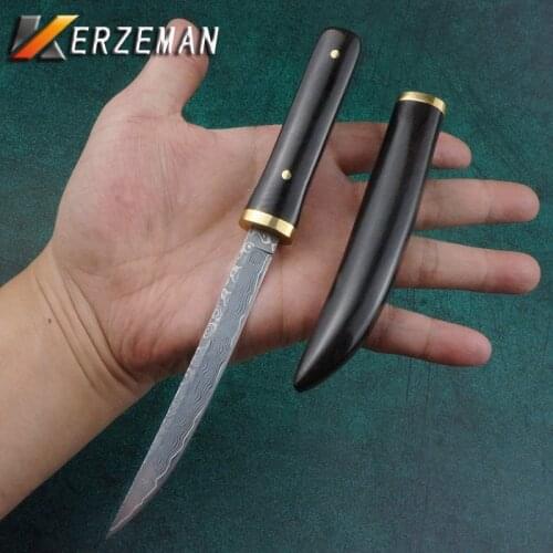 Kerzeman Damascus Steel Outdoor Hunting Straight Knife Survival Camping Mini Fixde Blade Tactical Knives Tools Wood Handle