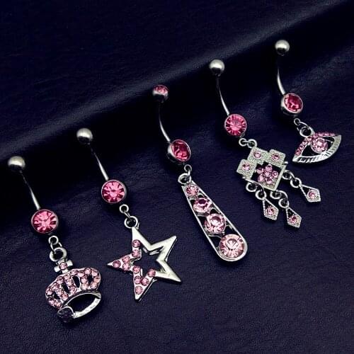 5pcs 2019 new arrivals pink big gem star crown Evil eye tassel dangling navel belly bar button rings body piercing jewelry