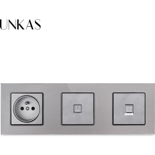 UNKAS French Standard Grey Socket + RJ45 Internet Computer Jack + TV Television Connector Port Glass Panel 258*86mm Outlet