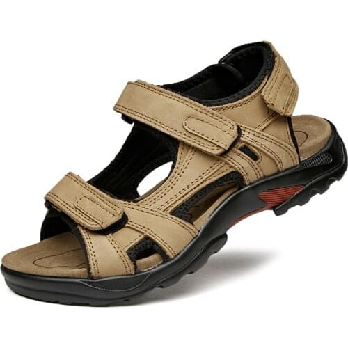 Clorts Men Summer Sandals Genuine Leather Sport Beach Shoes Lightweight Open Toe Outdoor Sandals Soft Hiking Sneakers Big Size