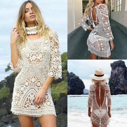 Sexy Lace Crochet Beach Wear Bikini Cover-Up Beach Dresses Women Summer Backless Dress Beach Cover Up
