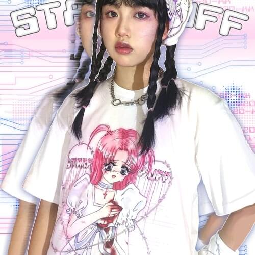 Cute Cartoon Angel Sweet Girls Harajuku Japanese Streetwear Harajuku Pink Kawaii Casual Tops Vintage Loose Summer Women T-Shirts
