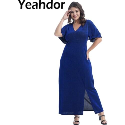 Women Oversize Shiny Party Dresses Shiny Ruffles Short Sleeve Party Dress Ladies Solid Color V Neck Split Side Banquet Dress