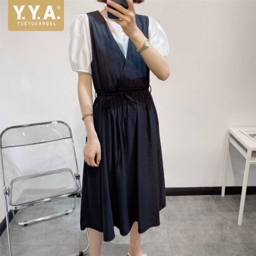 Sweet Summer Dress Two Piece Set Women Short Sleeve T Shirt Casual V Neck Sleeveless Long Dress Fashion Lace Up A Line Dresses