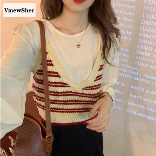 VmewSher Sling Vest Women Striped Short Loose Trendy Korean Style Sleeveless Knitted V-Neck All-match Female Strap Tops Outwear